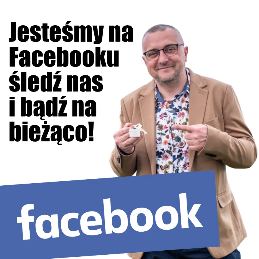 Agent nieruchomości MR Nieruchomości Marcin Rzepka zachęca do obserwowania firmy na Facebooku – przycisk „Polub nas”, uśmiechnięty doradca z kluczykiem w dłoni