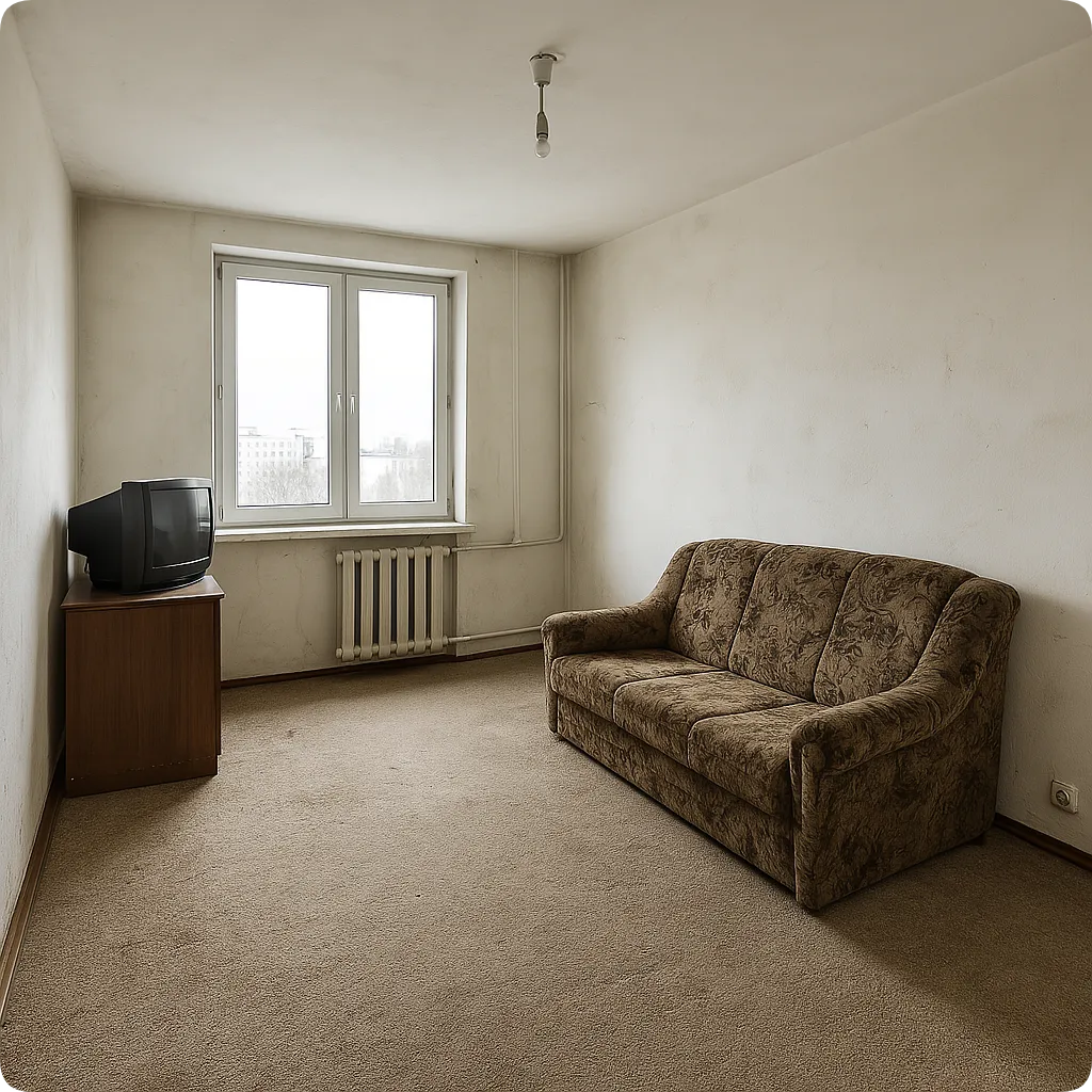 Nieruchomość przed home stagingiem – nieuporządkowane wnętrze z widocznymi śladami zużycia