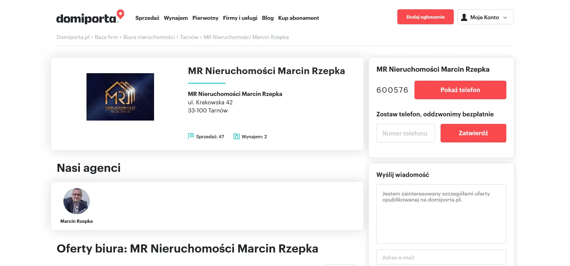 MR Nieruchomości Marcin Rzepka na stronie Domiporta.pl