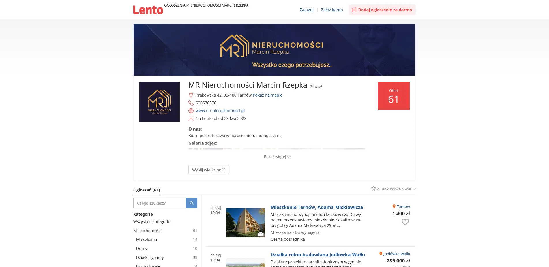 MR Nieruchomości Marcin Rzepka na portalu lento
