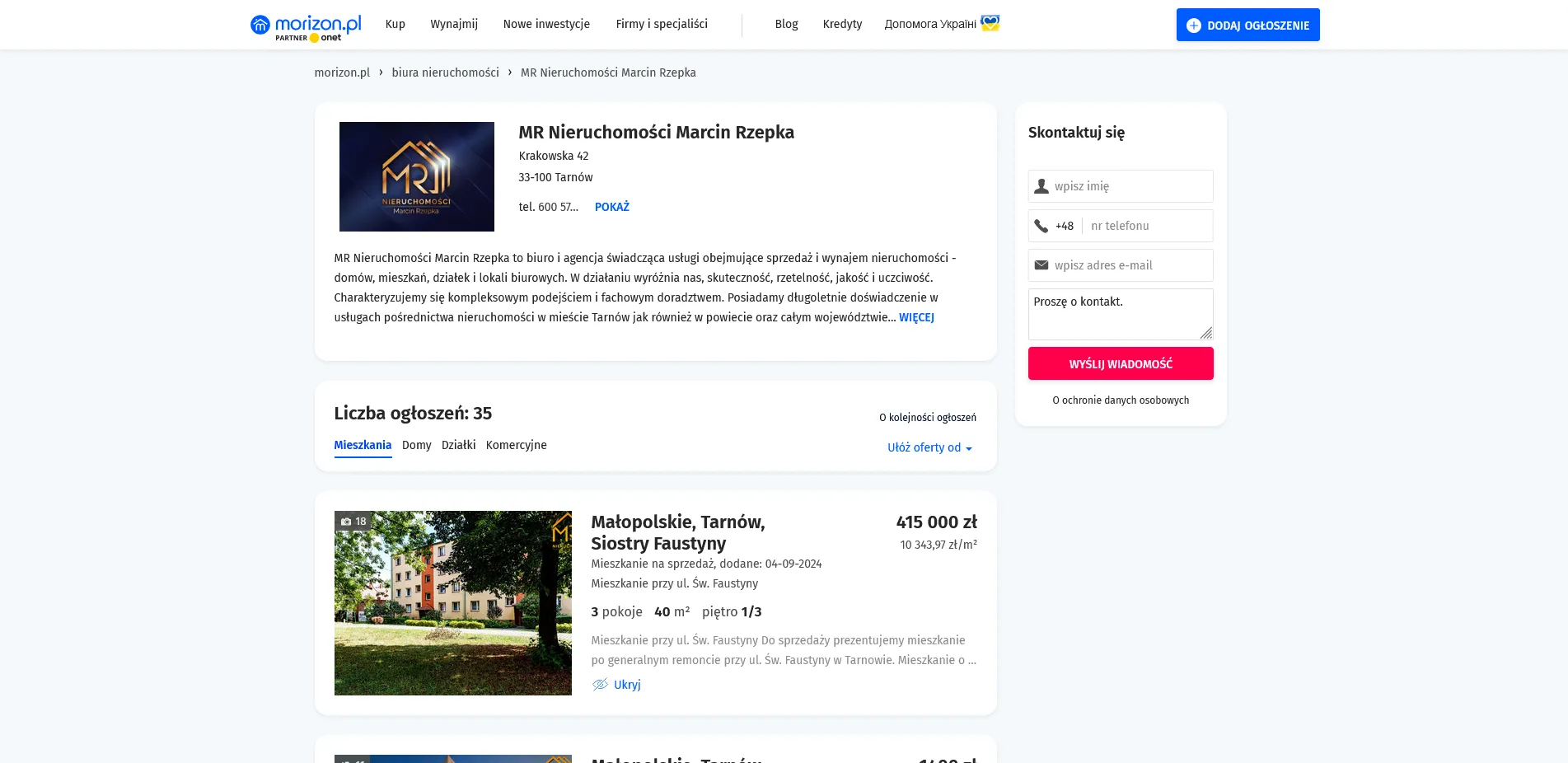 MR Nieruchomości Marcin Rzepka na stronie Morizon.pl
